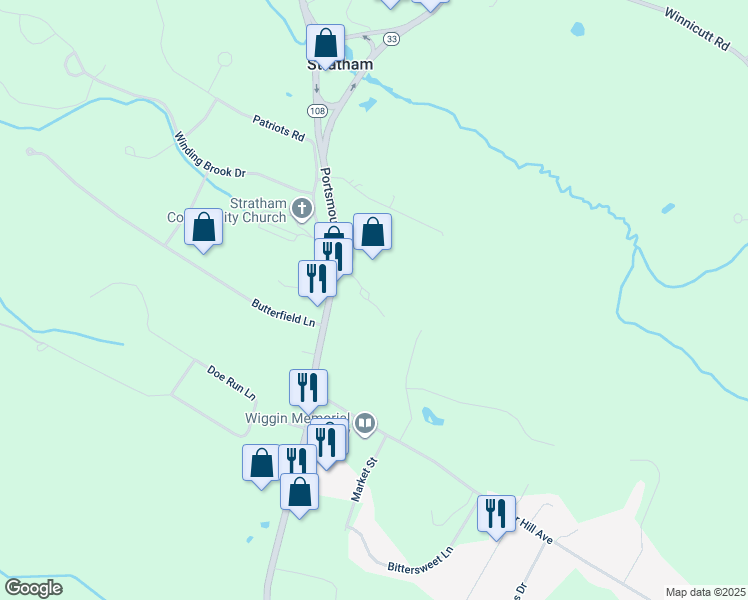 map of restaurants, bars, coffee shops, grocery stores, and more near 102R Portsmouth Avenue in Stratham
