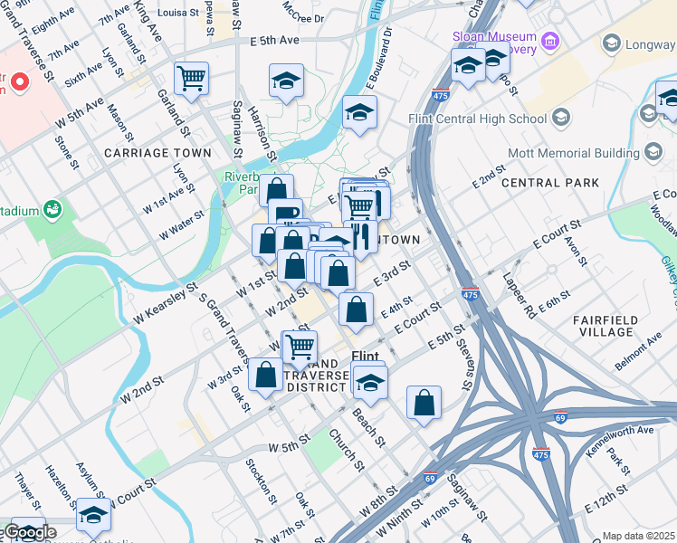 map of restaurants, bars, coffee shops, grocery stores, and more near 140 East 2nd Street in Flint