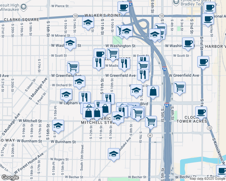 map of restaurants, bars, coffee shops, grocery stores, and more near 1522 South 10th Street in Milwaukee
