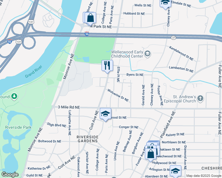 map of restaurants, bars, coffee shops, grocery stores, and more near 2900 Coit Avenue Northeast in Grand Rapids