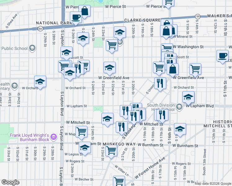 map of restaurants, bars, coffee shops, grocery stores, and more near 1518 South 22nd Street in Milwaukee