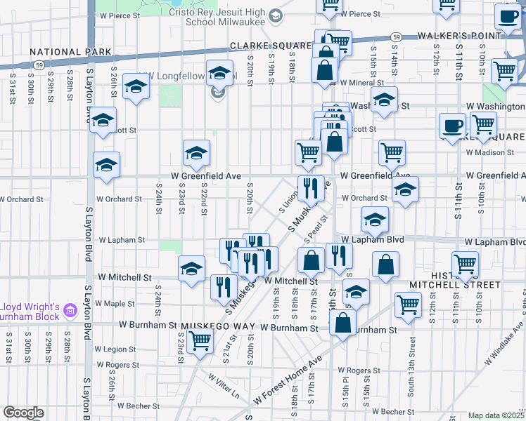 map of restaurants, bars, coffee shops, grocery stores, and more near 1500 South Comstock Avenue in Milwaukee