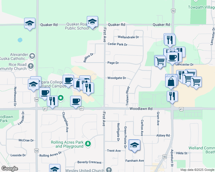 map of restaurants, bars, coffee shops, grocery stores, and more near 508 First Avenue in Welland