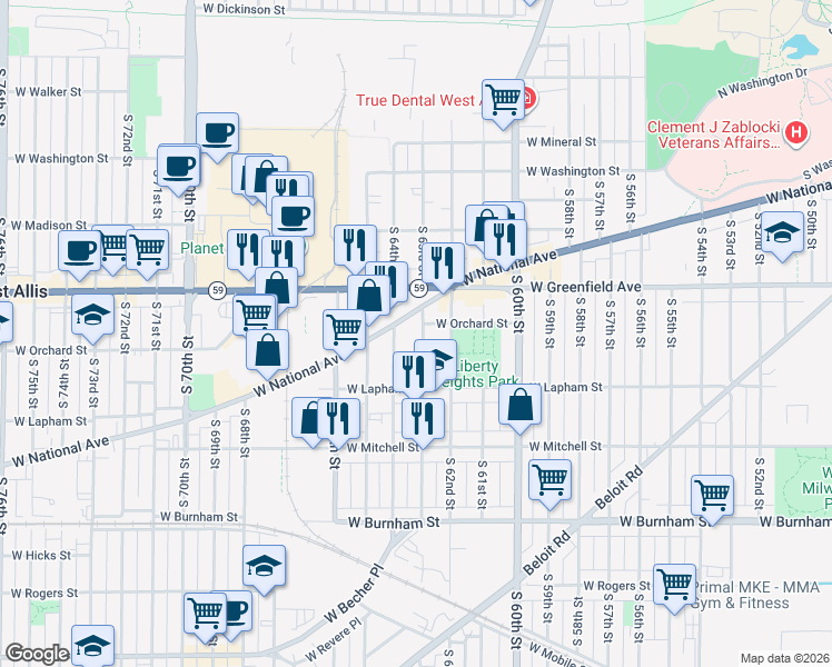map of restaurants, bars, coffee shops, grocery stores, and more near 1509 South 63rd Street in West Allis