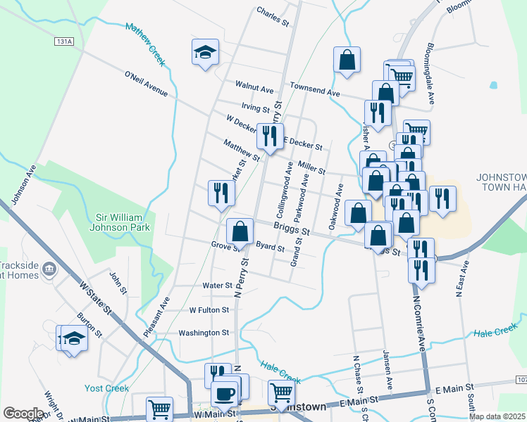 map of restaurants, bars, coffee shops, grocery stores, and more near 306 North Perry Street in Johnstown