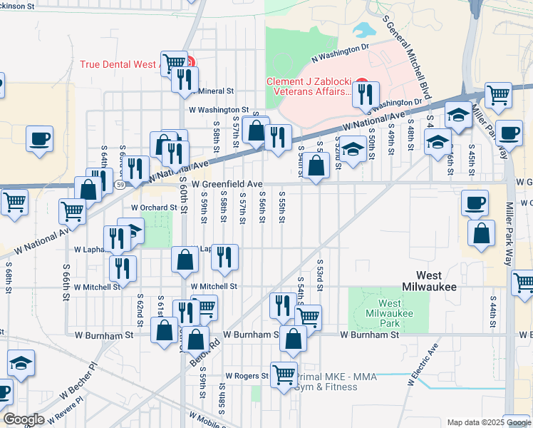 map of restaurants, bars, coffee shops, grocery stores, and more near 1510 South 56th Street in West Milwaukee
