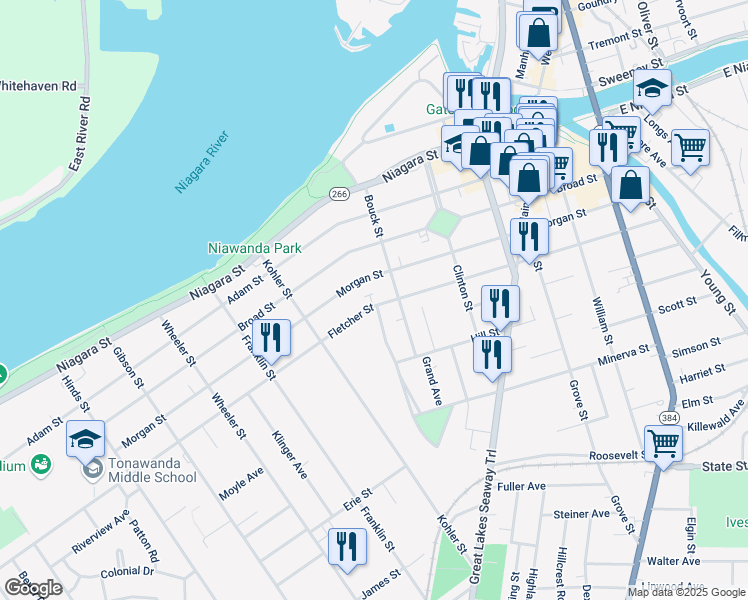 map of restaurants, bars, coffee shops, grocery stores, and more near 286 Fletcher Street in Tonawanda