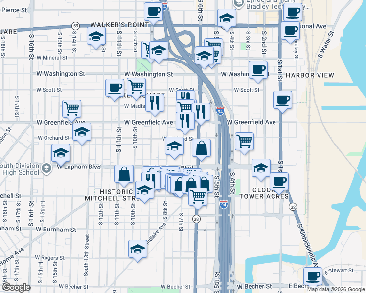 map of restaurants, bars, coffee shops, grocery stores, and more near 1527 South 7th Street in Milwaukee