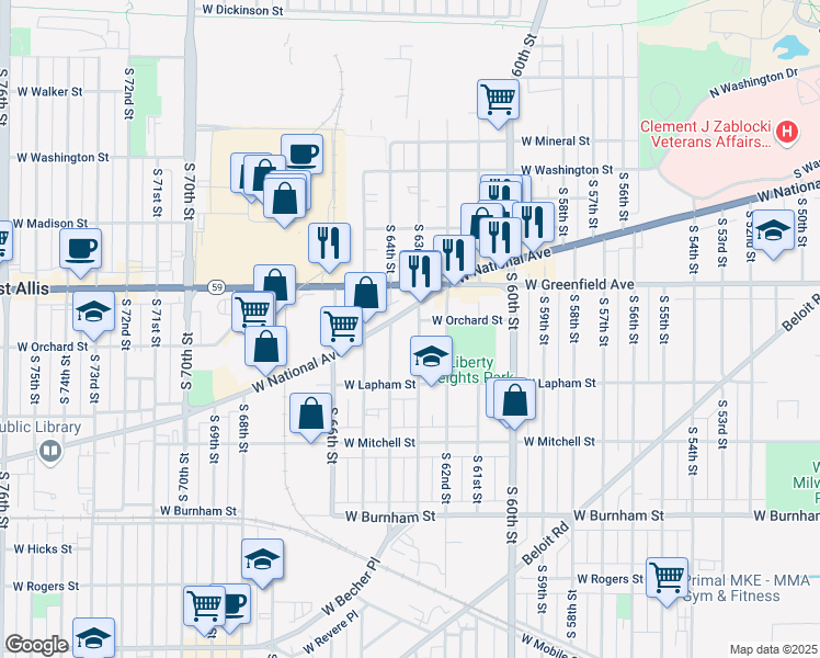 map of restaurants, bars, coffee shops, grocery stores, and more near 1507 South 63rd Street in West Allis