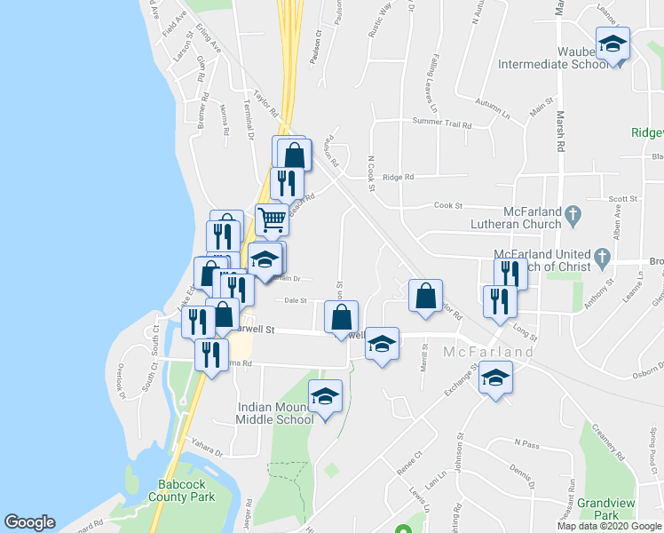map of restaurants, bars, coffee shops, grocery stores, and more near 5764 Lexington Street in McFarland