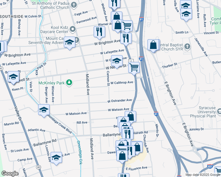 map of restaurants, bars, coffee shops, grocery stores, and more near 182 West Lynhurst Avenue in Syracuse