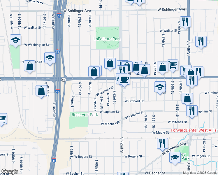 map of restaurants, bars, coffee shops, grocery stores, and more near 1444 South 94th Street in West Allis