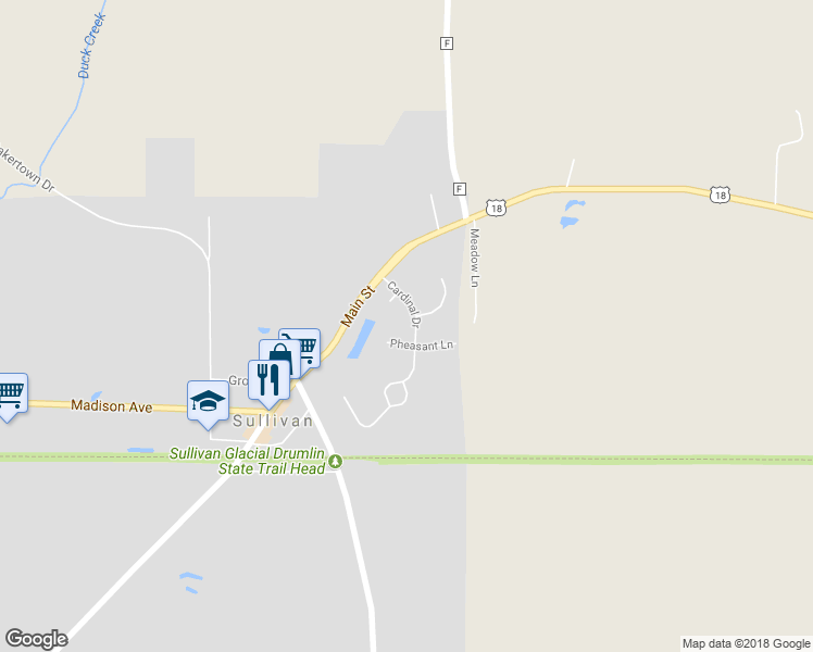 map of restaurants, bars, coffee shops, grocery stores, and more near 243 Cardinal Drive in Sullivan
