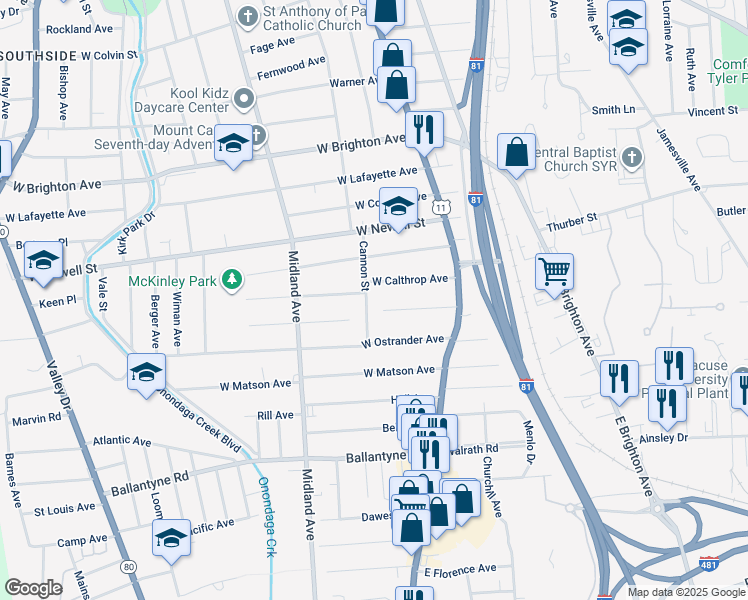 map of restaurants, bars, coffee shops, grocery stores, and more near 182 West Lynhurst Avenue in Syracuse