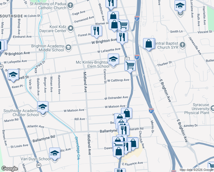 map of restaurants, bars, coffee shops, grocery stores, and more near 182 West Lynhurst Avenue in Syracuse