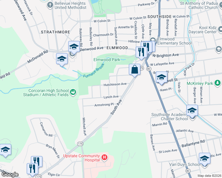 map of restaurants, bars, coffee shops, grocery stores, and more near 214 Fletcher Avenue in Syracuse