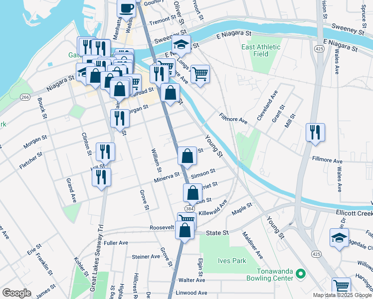 map of restaurants, bars, coffee shops, grocery stores, and more near 147 Delaware Street in Tonawanda