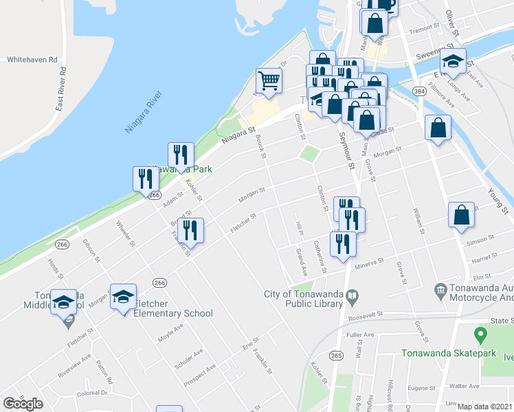 map of restaurants, bars, coffee shops, grocery stores, and more near 286 Fletcher Street in Tonawanda