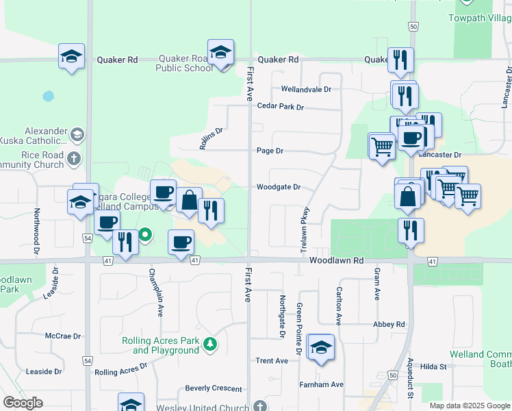 map of restaurants, bars, coffee shops, grocery stores, and more near 510 First Avenue in Welland