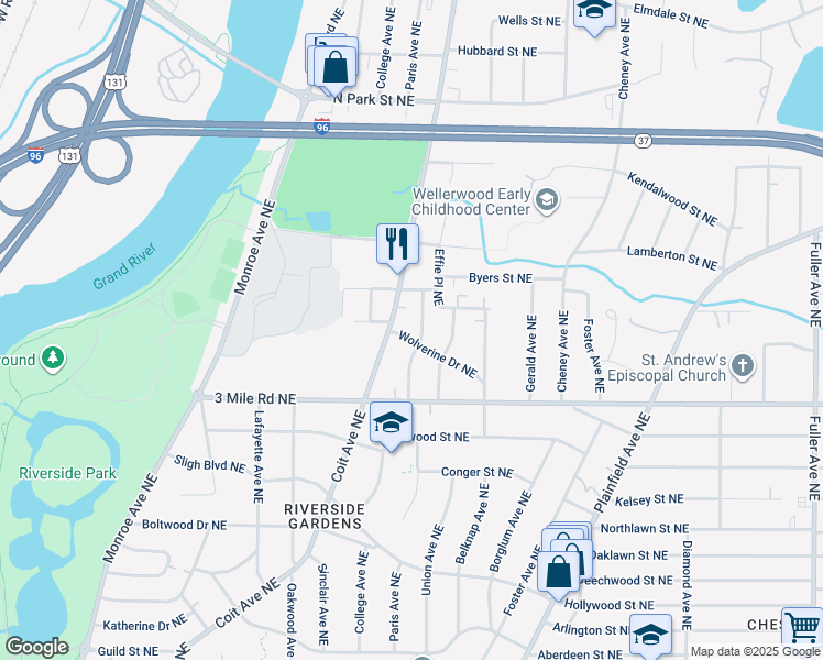 map of restaurants, bars, coffee shops, grocery stores, and more near 2900 Coit Avenue Northeast in Grand Rapids