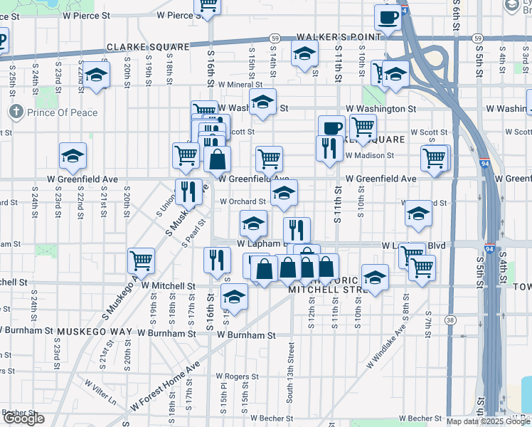 map of restaurants, bars, coffee shops, grocery stores, and more near 1527 South 14th Street in Milwaukee