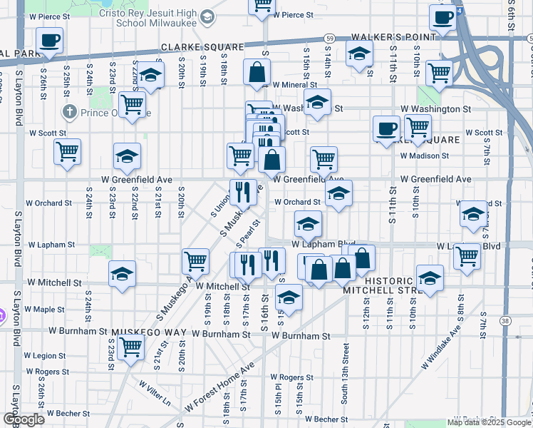 map of restaurants, bars, coffee shops, grocery stores, and more near 1516 South Pearl Street in Milwaukee