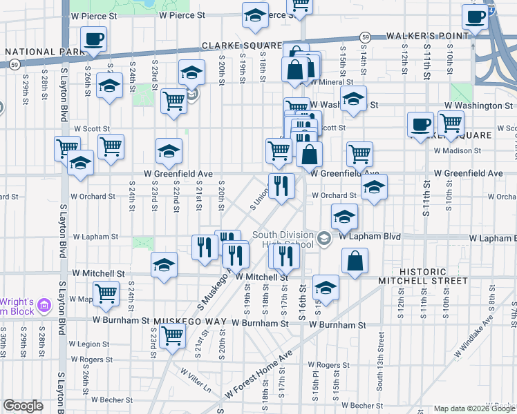 map of restaurants, bars, coffee shops, grocery stores, and more near 1518 South Union Street in Milwaukee