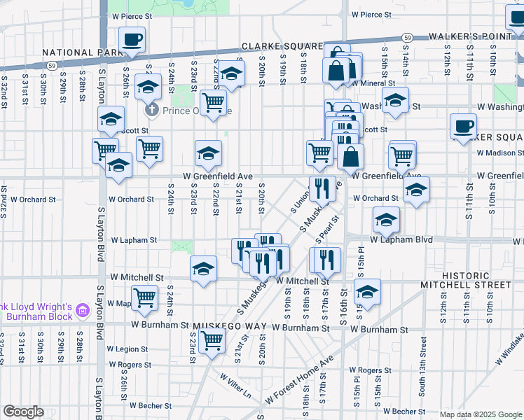 map of restaurants, bars, coffee shops, grocery stores, and more near 1500 South Comstock Avenue in Milwaukee