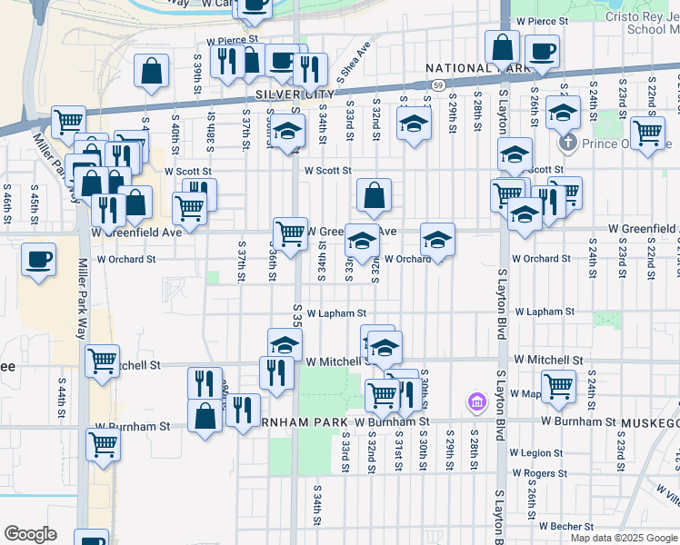map of restaurants, bars, coffee shops, grocery stores, and more near 1521 South 33rd Street in Milwaukee