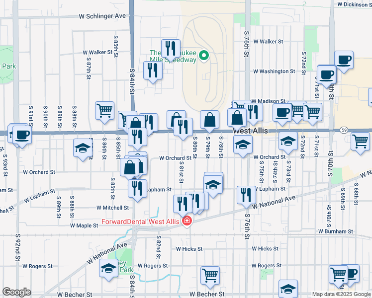 map of restaurants, bars, coffee shops, grocery stores, and more near 1446 South 81st Street in West Allis