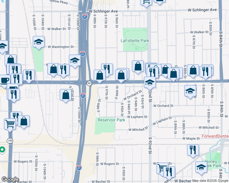 map of restaurants, bars, coffee shops, grocery stores, and more near 1443 South 96th Street in West Allis