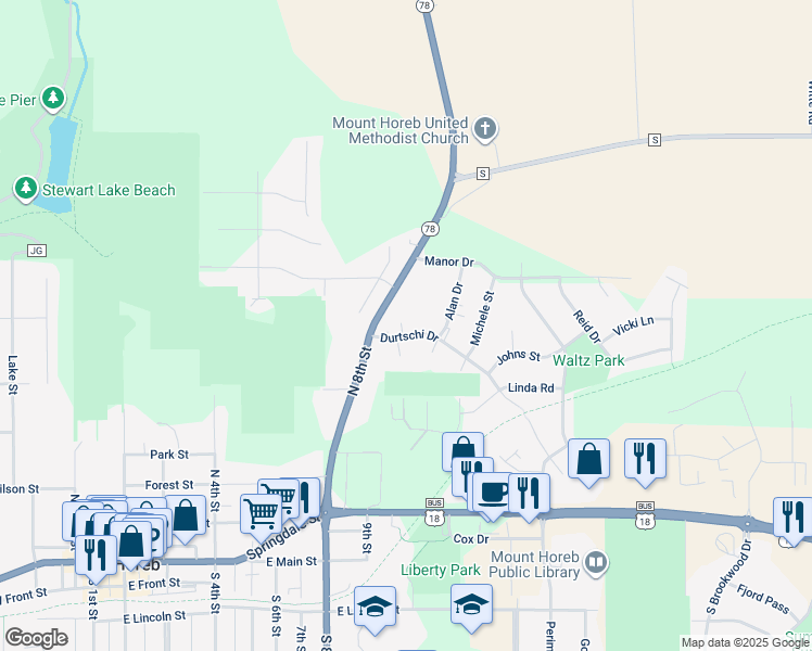 map of restaurants, bars, coffee shops, grocery stores, and more near 200 Durtschi Drive in Mount Horeb