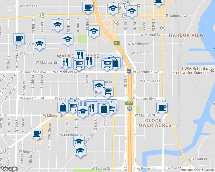 map of restaurants, bars, coffee shops, grocery stores, and more near 1522 South 7th Street in Milwaukee