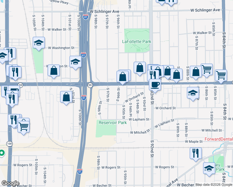 map of restaurants, bars, coffee shops, grocery stores, and more near 1443 South 96th Street in West Allis