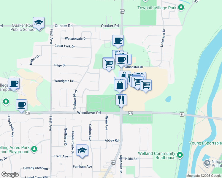 map of restaurants, bars, coffee shops, grocery stores, and more near in Welland