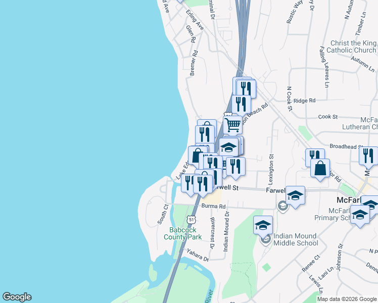 map of restaurants, bars, coffee shops, grocery stores, and more near 5728 Lake Edge Road in McFarland