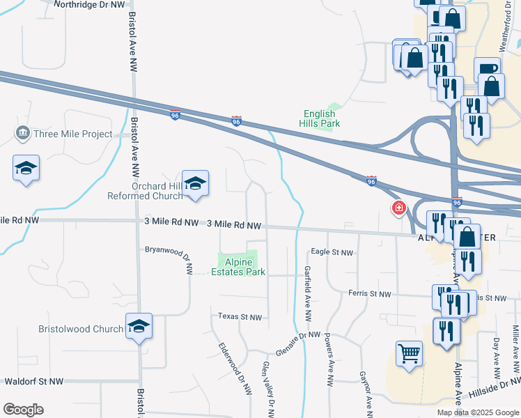 map of restaurants, bars, coffee shops, grocery stores, and more near 2833 Valley Avenue Northwest in Grand Rapids