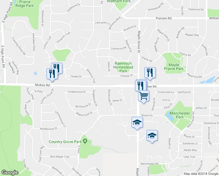 map of restaurants, bars, coffee shops, grocery stores, and more near 3365 Stonecreek Drive in Madison