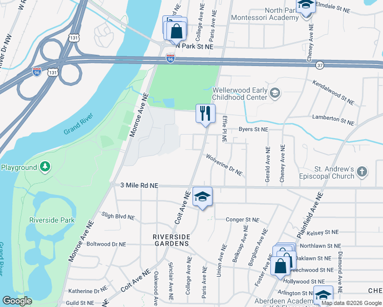 map of restaurants, bars, coffee shops, grocery stores, and more near 464 Doris Street Northeast in Grand Rapids