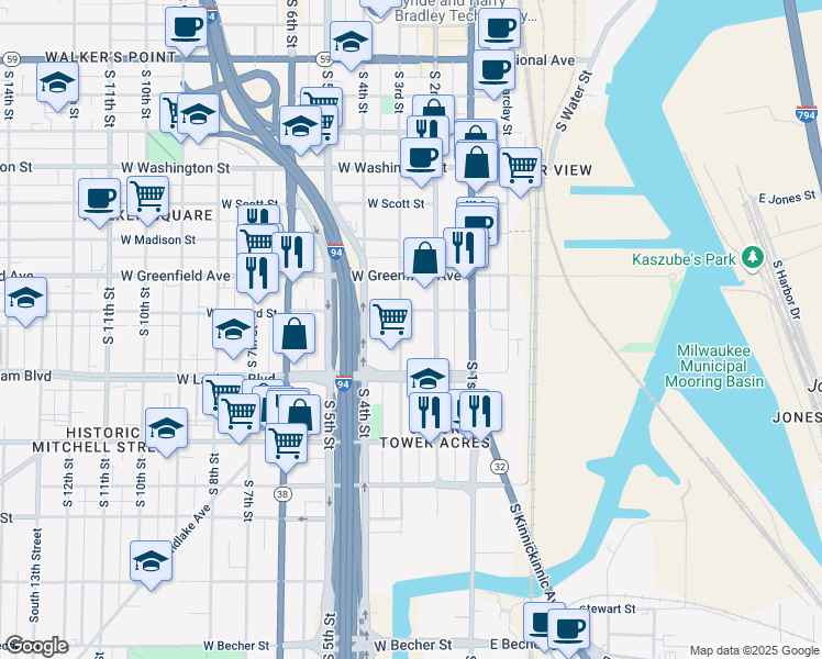 map of restaurants, bars, coffee shops, grocery stores, and more near 1522 South 3rd Street in Milwaukee