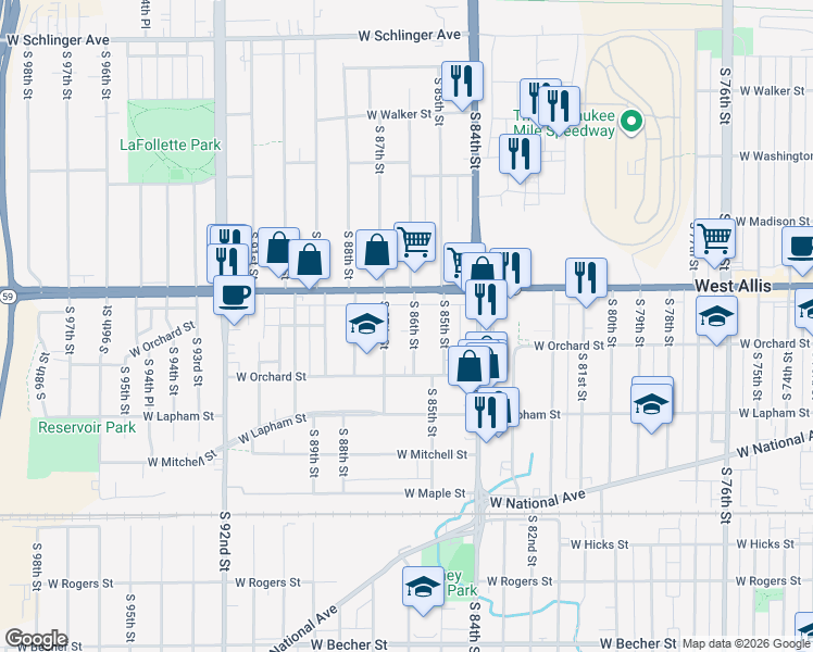 map of restaurants, bars, coffee shops, grocery stores, and more near 1437 South 86th Street in West Allis