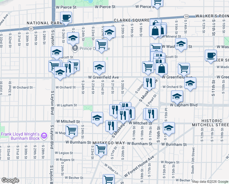 map of restaurants, bars, coffee shops, grocery stores, and more near 1520 South 21st Street in Milwaukee