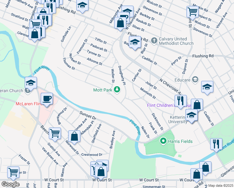 map of restaurants, bars, coffee shops, grocery stores, and more near 2402 Nolen Drive in Flint