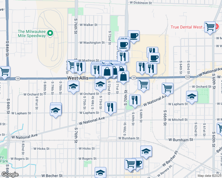 map of restaurants, bars, coffee shops, grocery stores, and more near 1450 South 72nd Street in West Allis