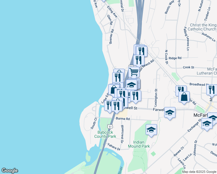 map of restaurants, bars, coffee shops, grocery stores, and more near 5728 Lake Edge Road in McFarland