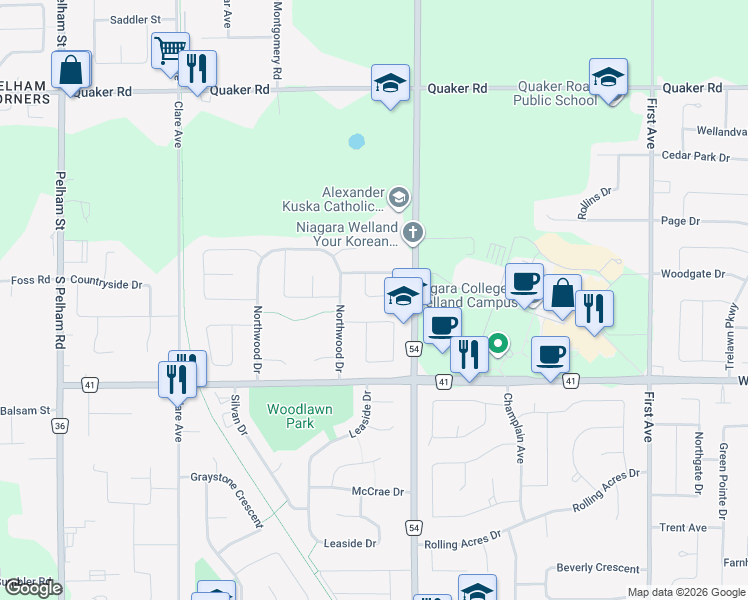 map of restaurants, bars, coffee shops, grocery stores, and more near 39 Poplar Crescent in Welland