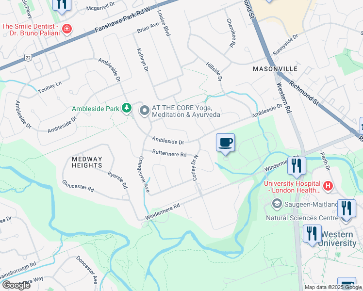 map of restaurants, bars, coffee shops, grocery stores, and more near 167 Ambleside Drive in London