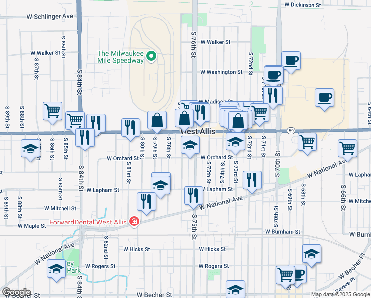 map of restaurants, bars, coffee shops, grocery stores, and more near 1446 South 77th Street in West Allis