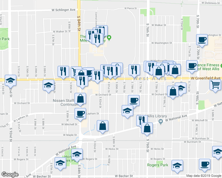 map of restaurants, bars, coffee shops, grocery stores, and more near 1446 South 81st Street in West Allis