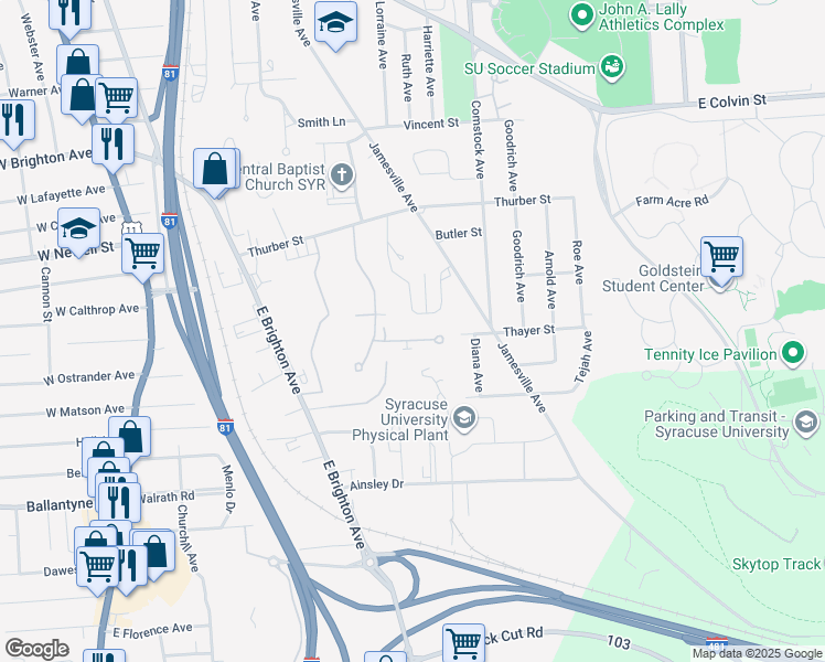 map of restaurants, bars, coffee shops, grocery stores, and more near 184 Remington Avenue in Syracuse